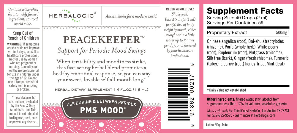 Herbalogic Peacekeeper dropper pour for easy daily use and mood balance.