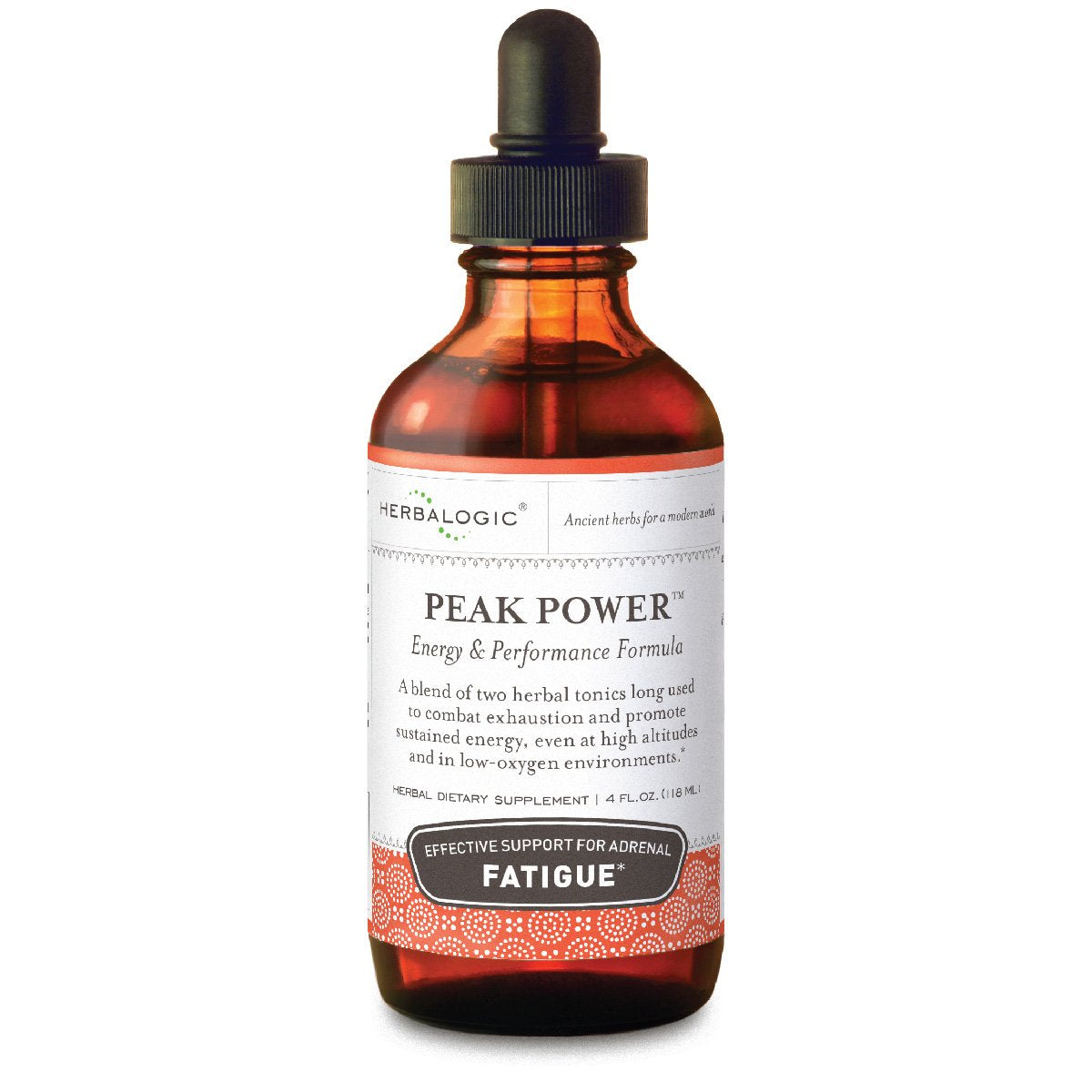 Herbalogic Peak Power drops label shows clean branding and stimulant-free energy potential