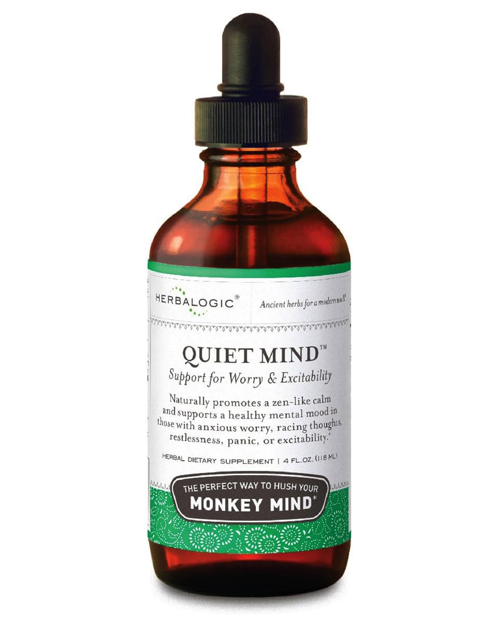 Herbalogic Quiet Mind bottle with pour spout offering non-sedating calm for daytime focus