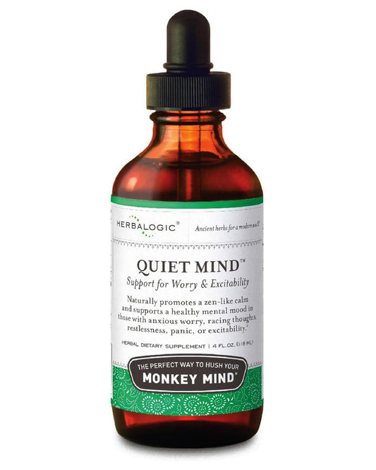 Herbalogic Quiet Mind bottle with pour spout offering non-sedating calm for daytime focus