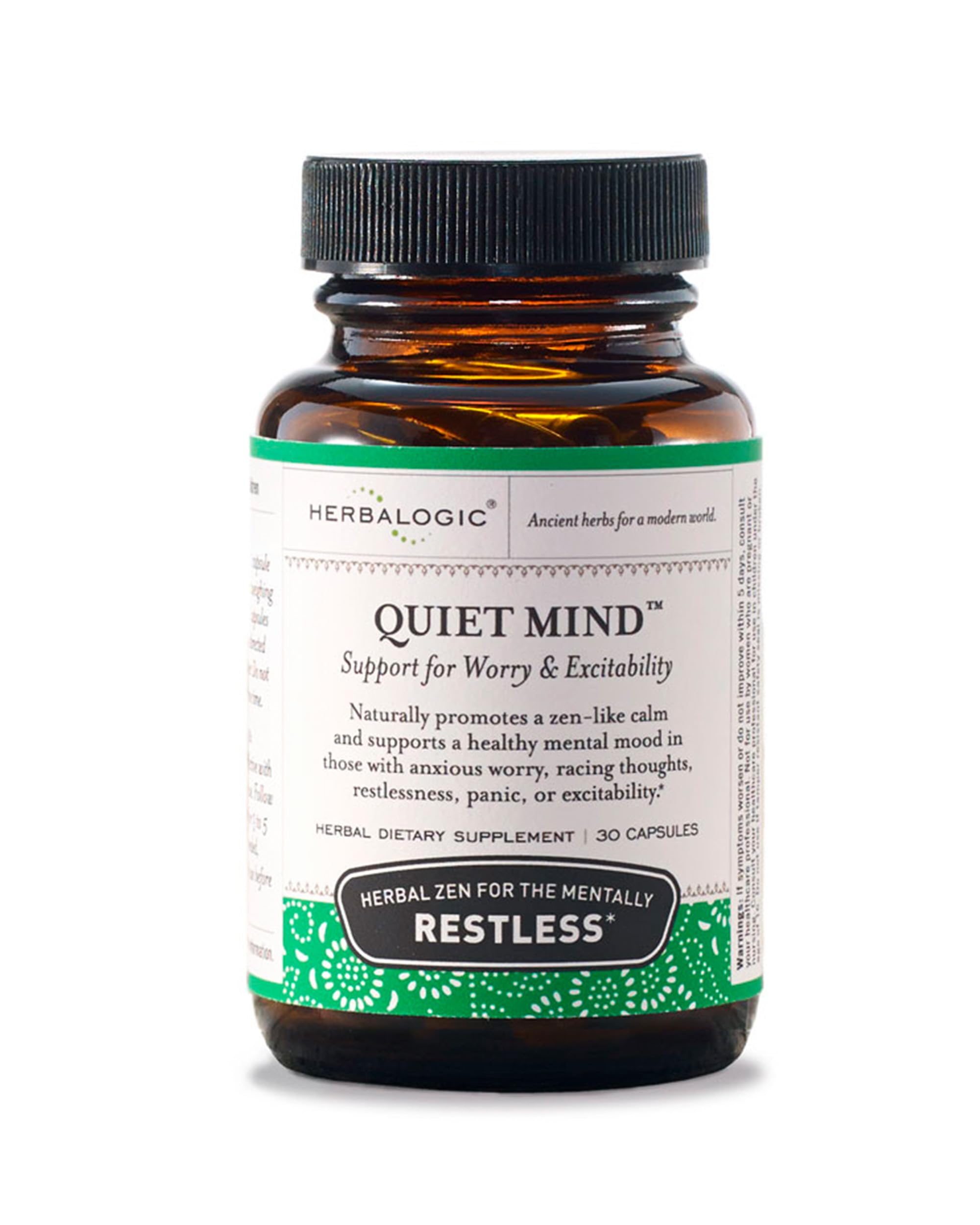 Herbalogic Quiet Mind bottle on a desk suggesting daytime calm.