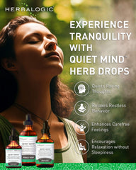 Close-up of Herbalogic Quiet Mind dropper highlighting fast-acting liquid calm for busy moments