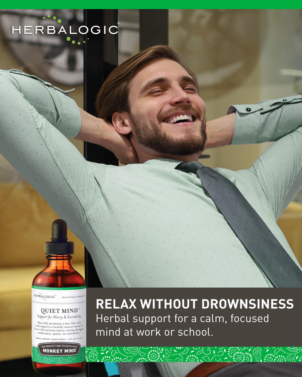 Herbalogic Quiet Mind drops in hand conveying a soothing plant-based routine