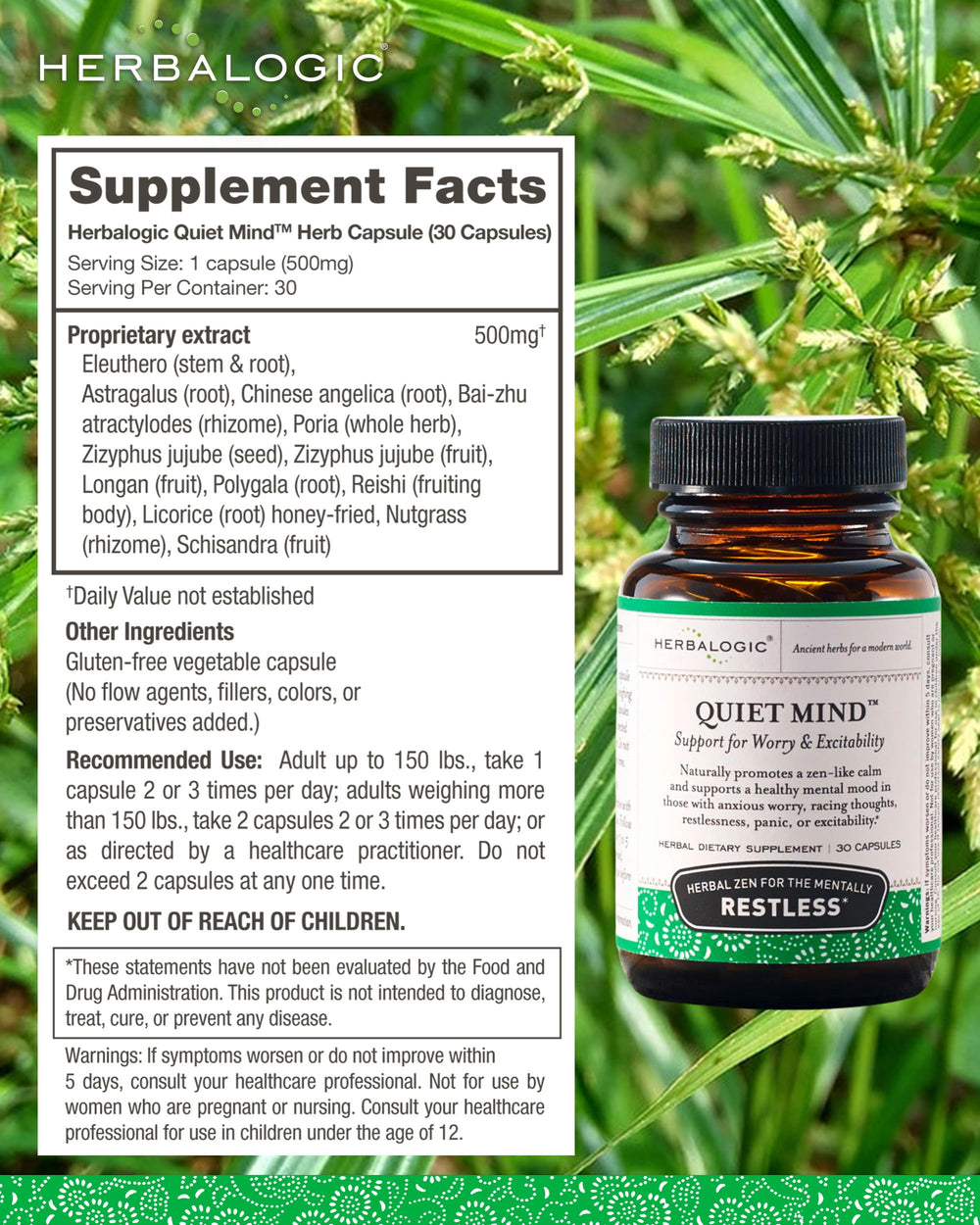 Herbalogic Quiet Mind with visible multi-herb blend on display.