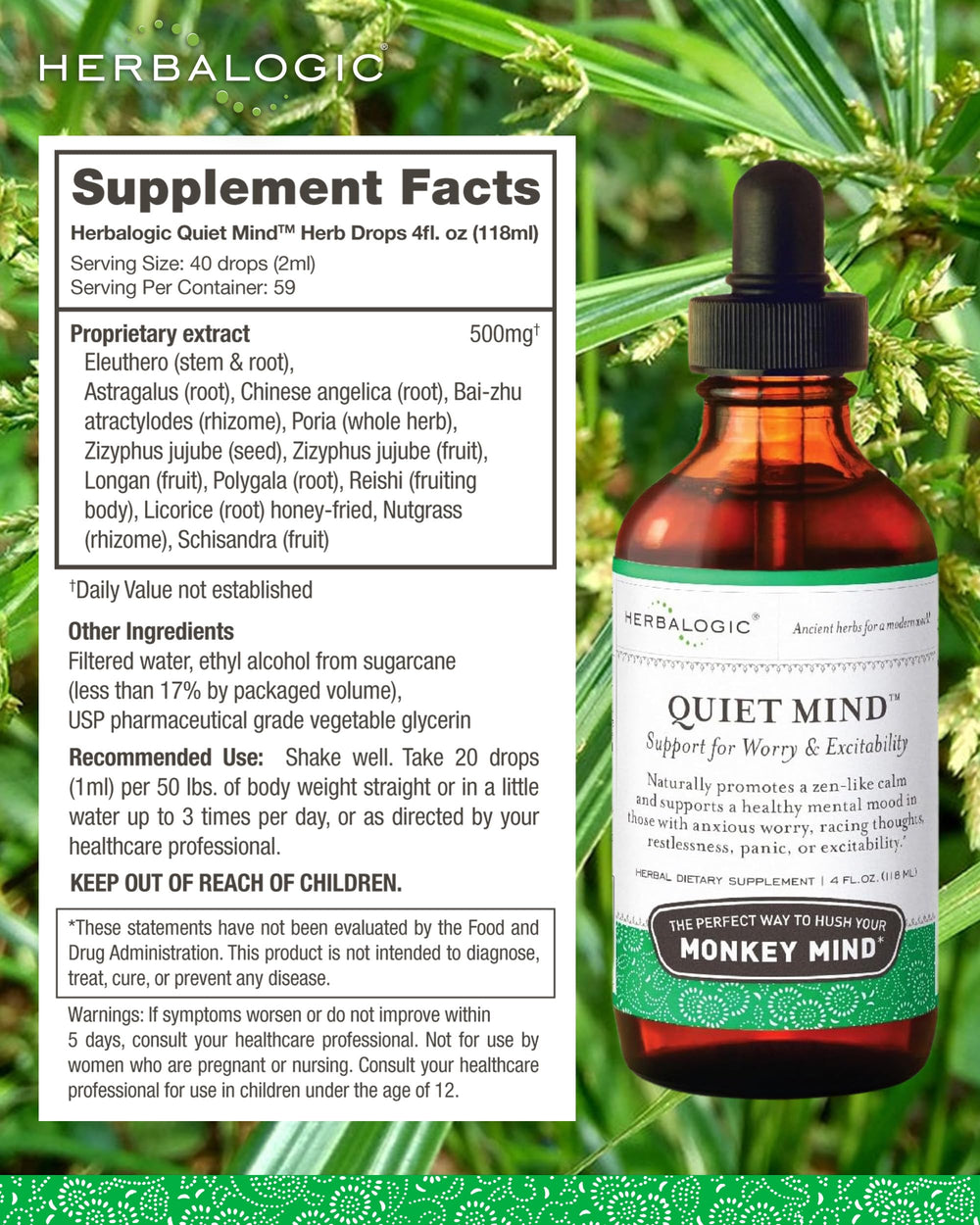 Herbalogic Quiet Mind scene showing bottle and mindful usage guidance