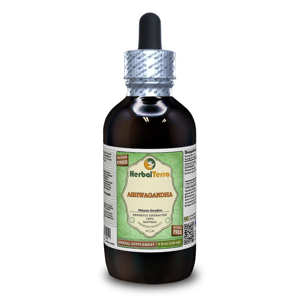 HerbalTerra Ashwagandha glycerite bottle highlights alcohol-free extract for daily balance.
