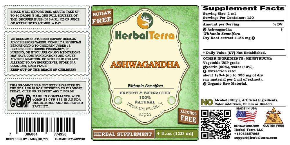 HerbalTerra Ashwagandha glycerite label close-up showing organic origin and quality processing.