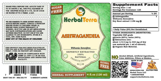 HerbalTerra Ashwagandha glycerite label close-up showing organic origin and quality processing.
