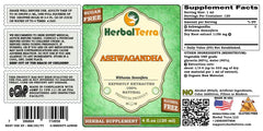 HerbalTerra Ashwagandha glycerite label close-up showing organic origin and quality processing.