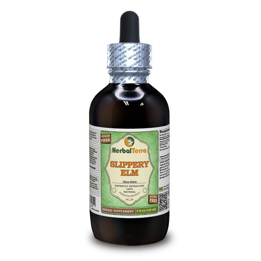 HerbalTerra slippery elm glycerite bottle pour shows alcohol-free herbal extract for easy use.