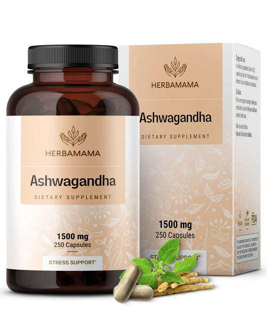 Herbamama Ashwagandha bottle front promoting daily calm support