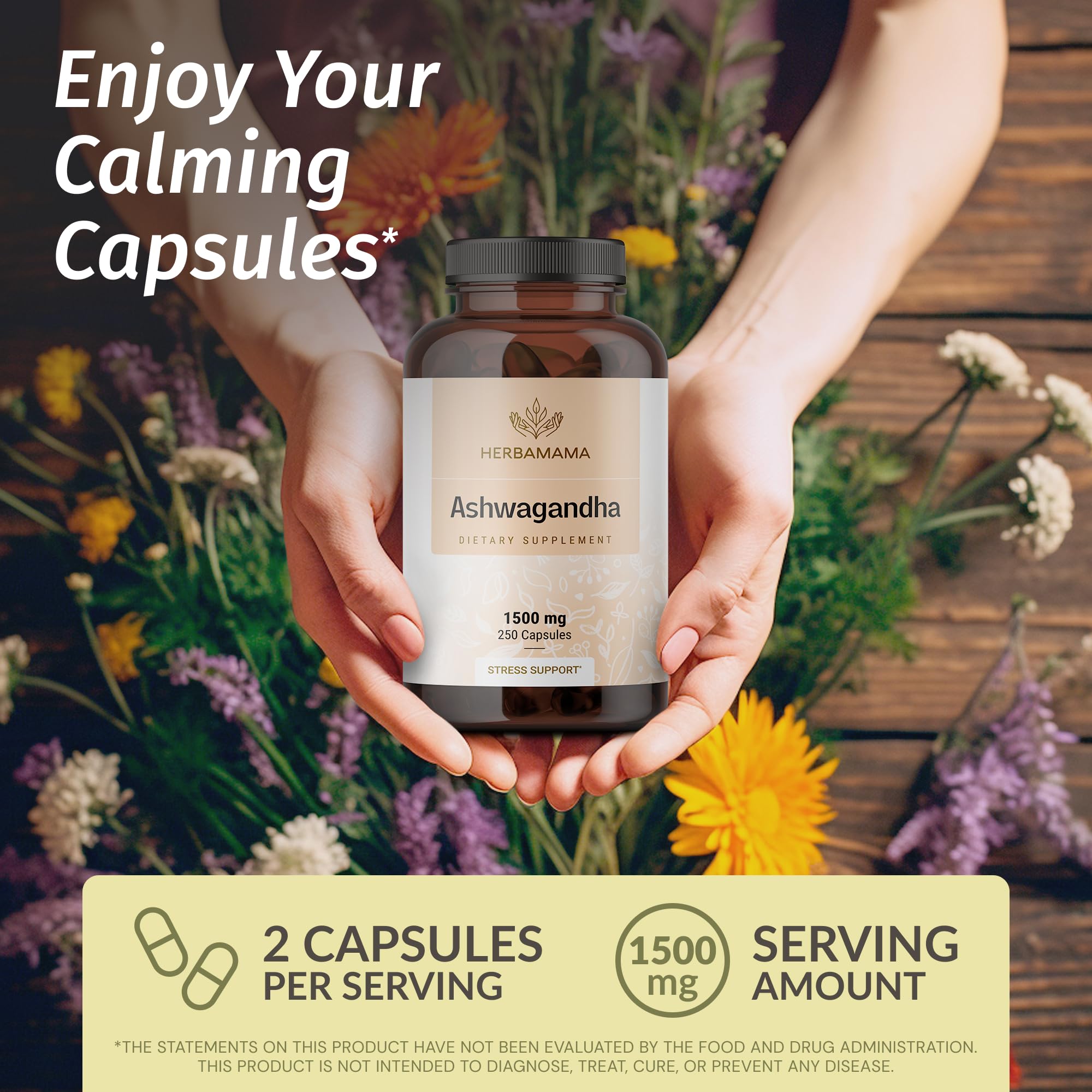 Herbamama Ashwagandha capsules closeup showing vegan, pure root formula