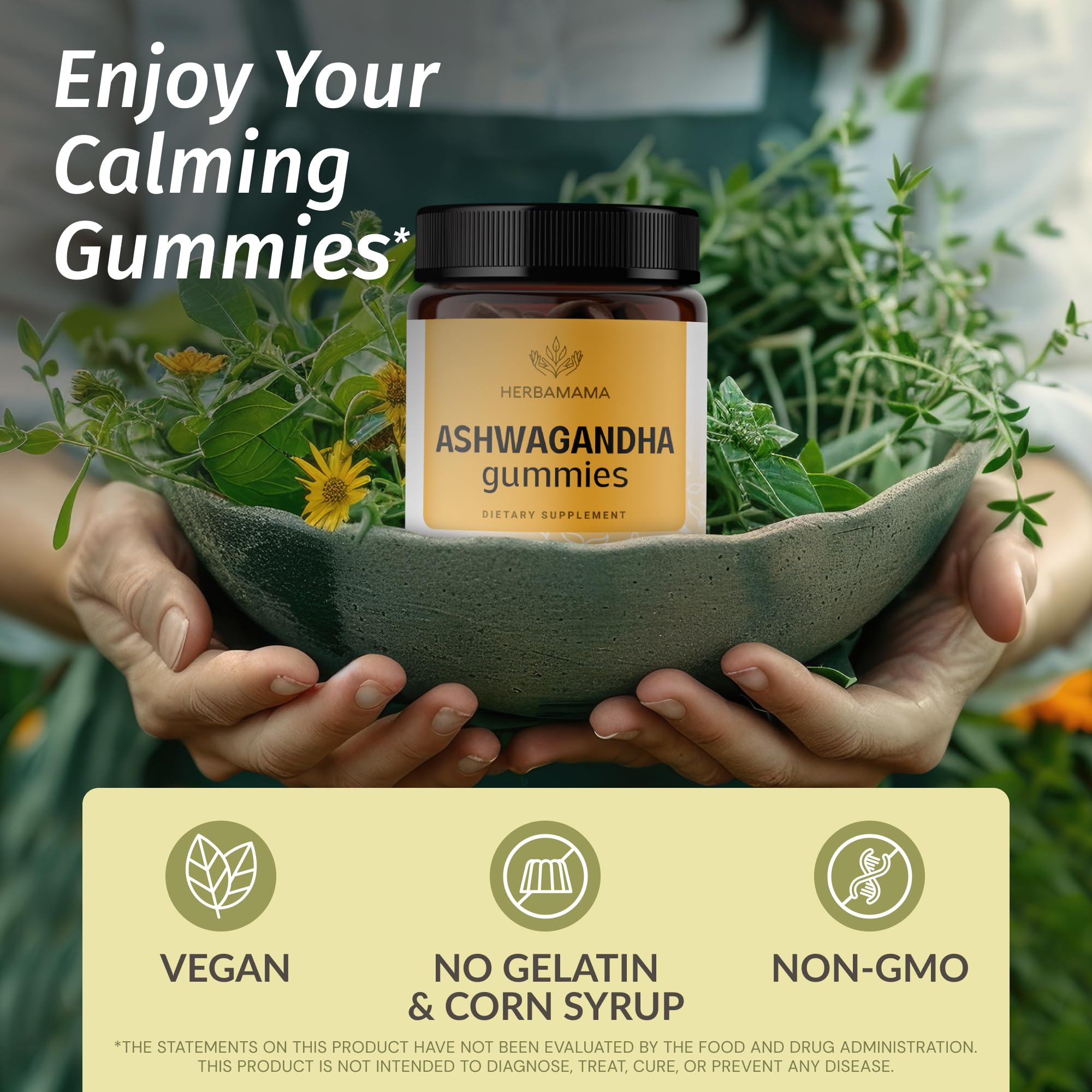 HERBAMAMA Ashwagandha gummies bottle label highlights vegan, non-GMO formulation.