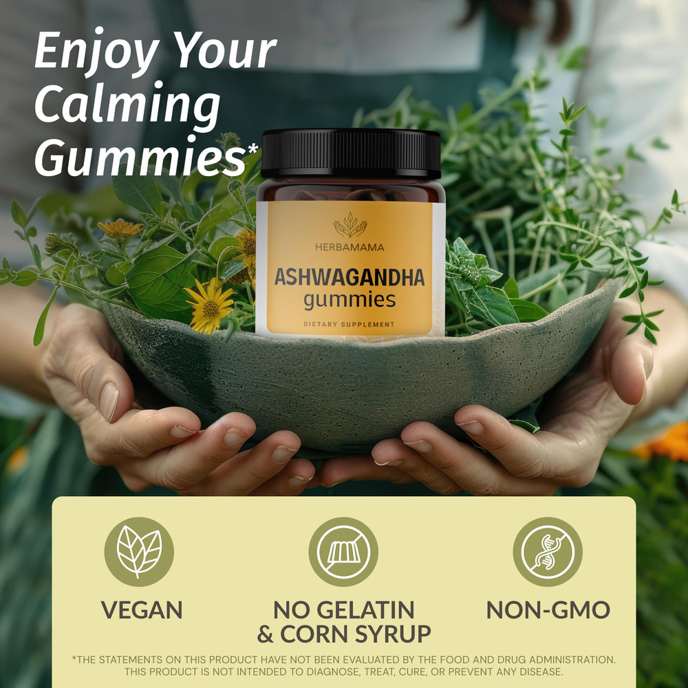 HERBAMAMA Ashwagandha gummies bottle label highlights vegan, non-GMO formulation.