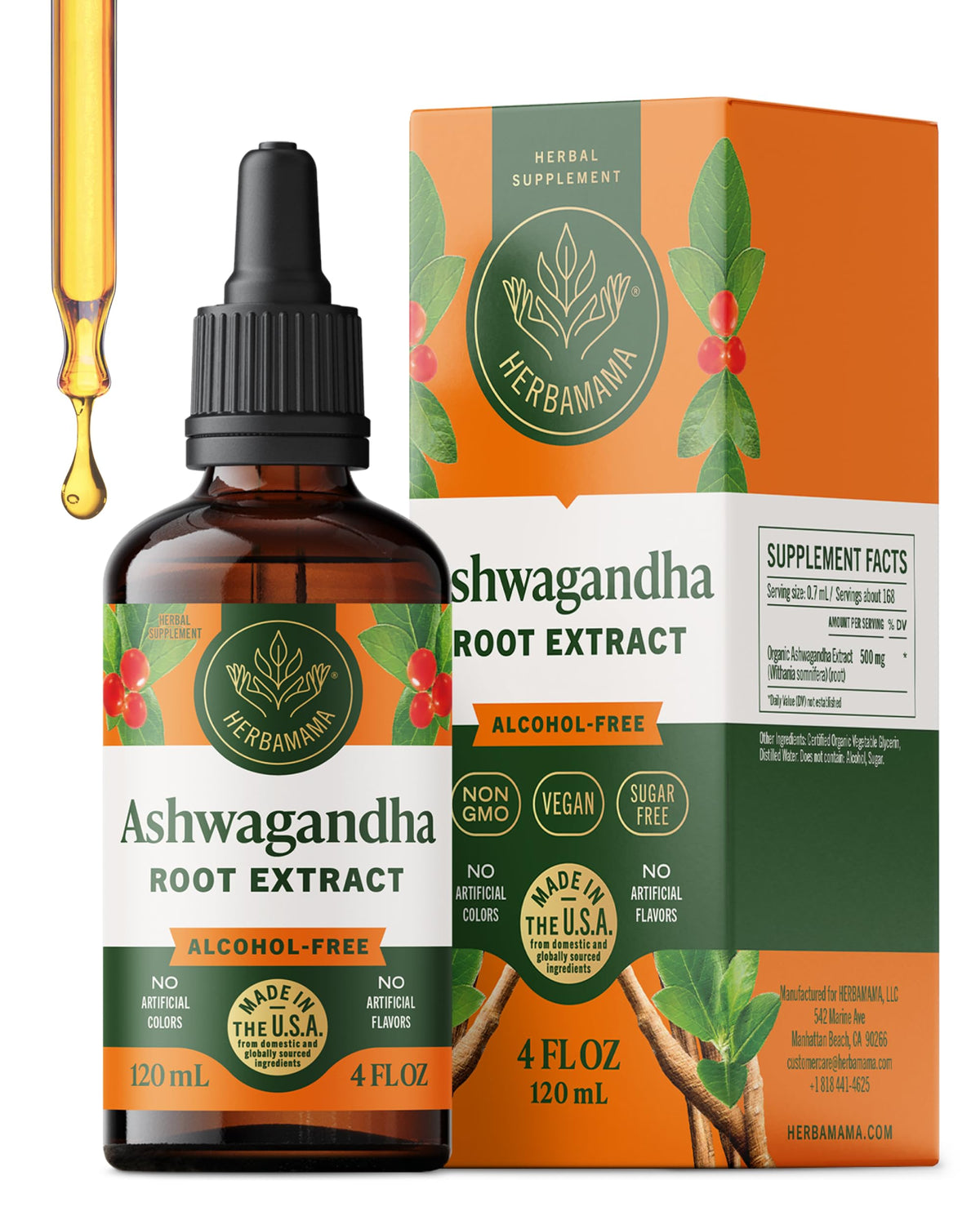 HERBAMAMA Ashwagandha Drops bottle front view for daily calm and mood support.