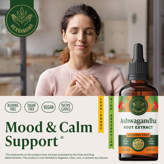 HERBAMAMA Ashwagandha Drops dropper setup for easy dosing and quick absorption.