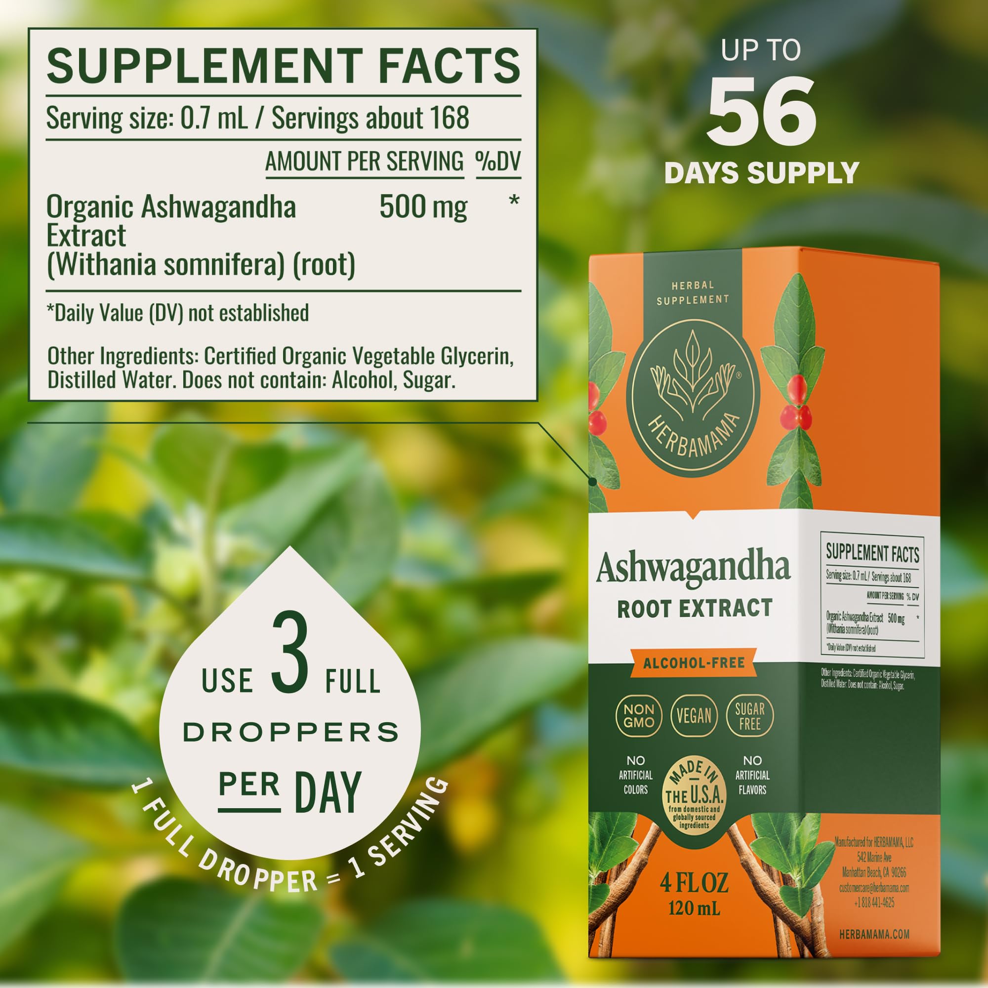 HERBAMAMA Ashwagandha Drops glass bottle showing rich tincture color for fast calm.