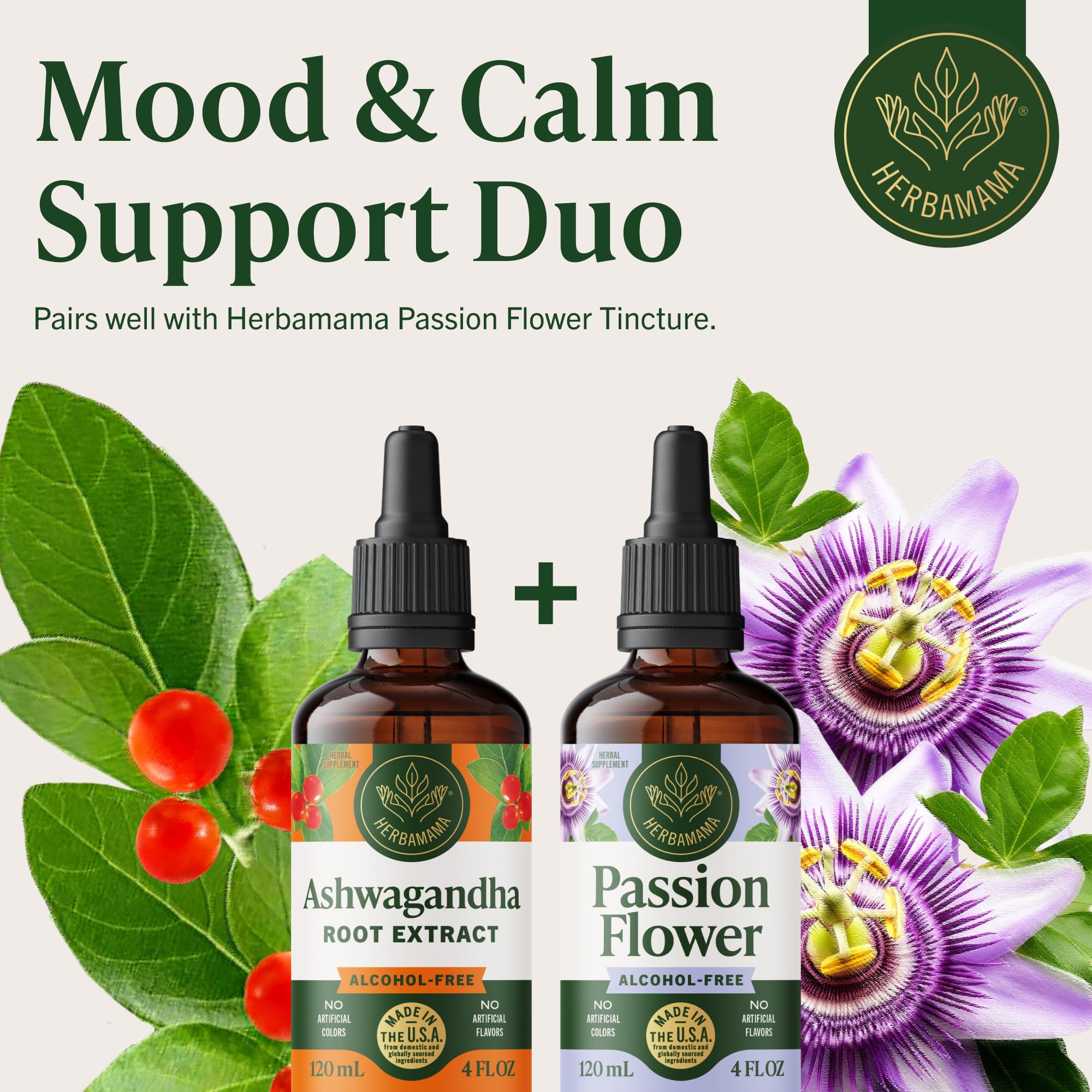 HERBAMAMA Ashwagandha Drops liquid form shown alongside glass of water.