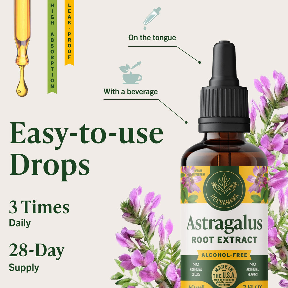 HERBAMAMA Astragalus Drops daily-use setup with glass of water