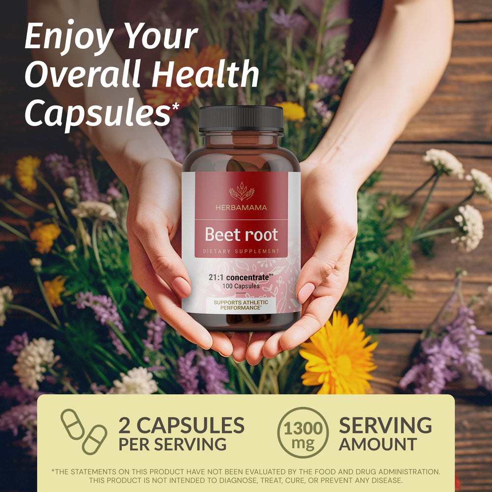 Herbamama Beet Root capsules on table for convenient daily routine.