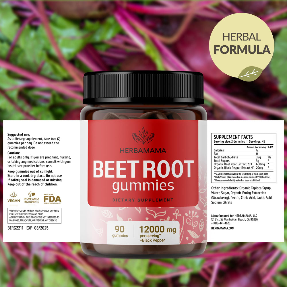 HERBAMAMA beet root gummies on-the-go pack for quick supplementation.