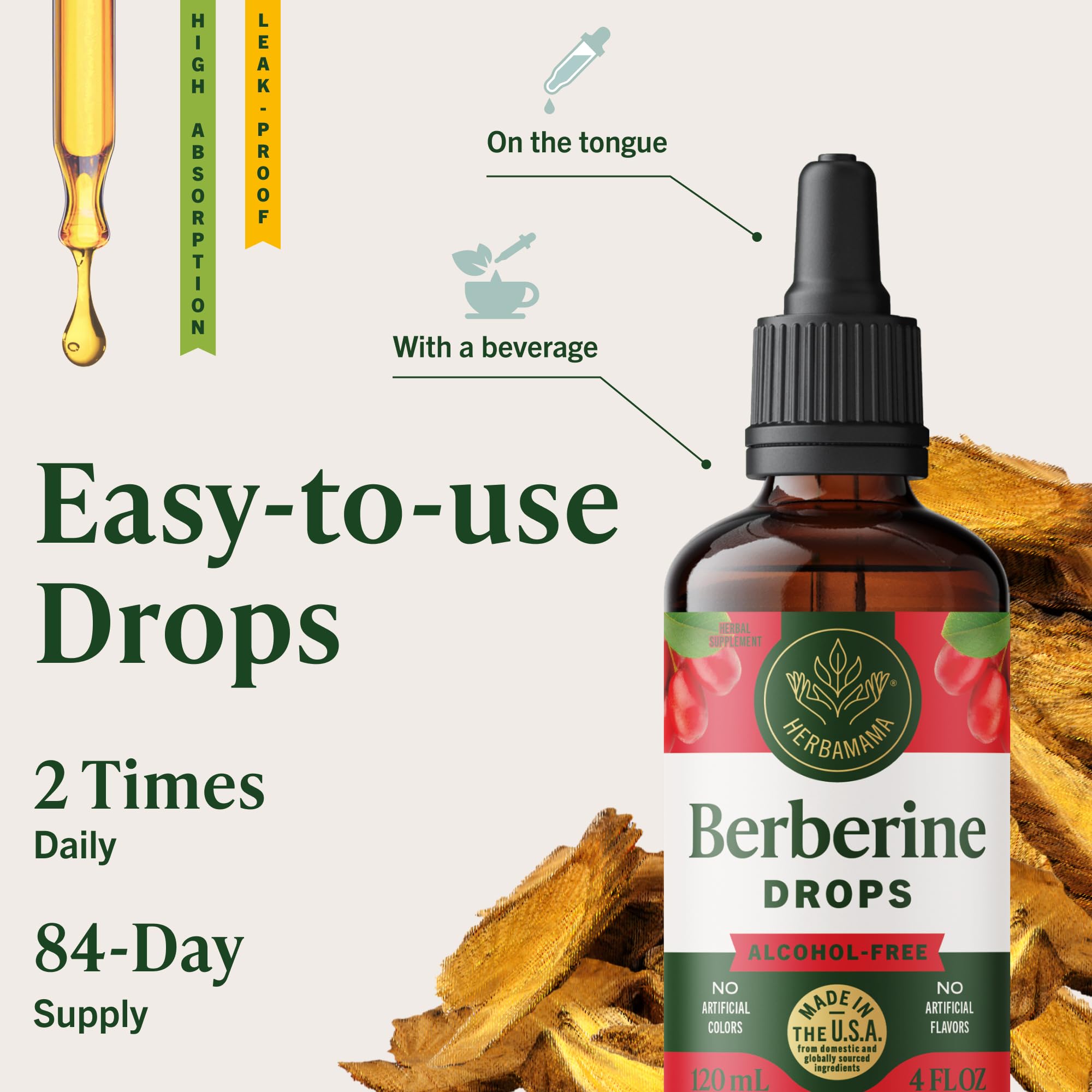 HERBAMAMA Berberine drops highlight fast absorption in tincture form.