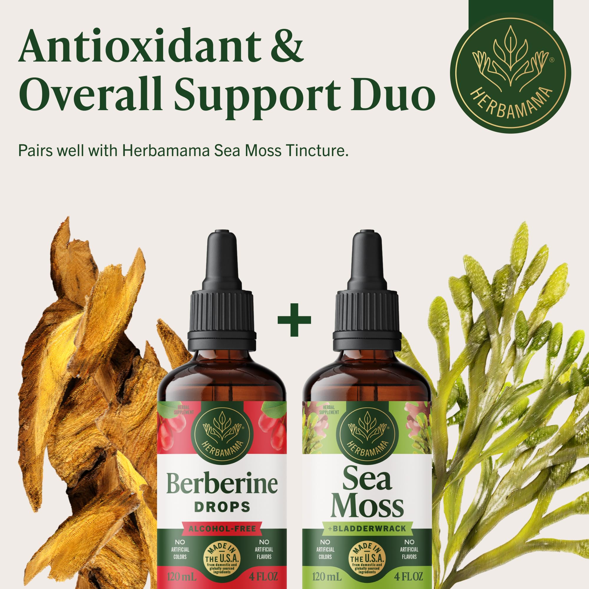 HERBAMAMA Berberine vegan formula emphasizing no alcohol or sugar.