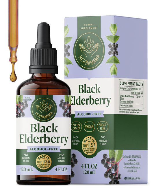 HERBAMAMA Black Elderberry Drops bottle highlights vegan immune support potential.