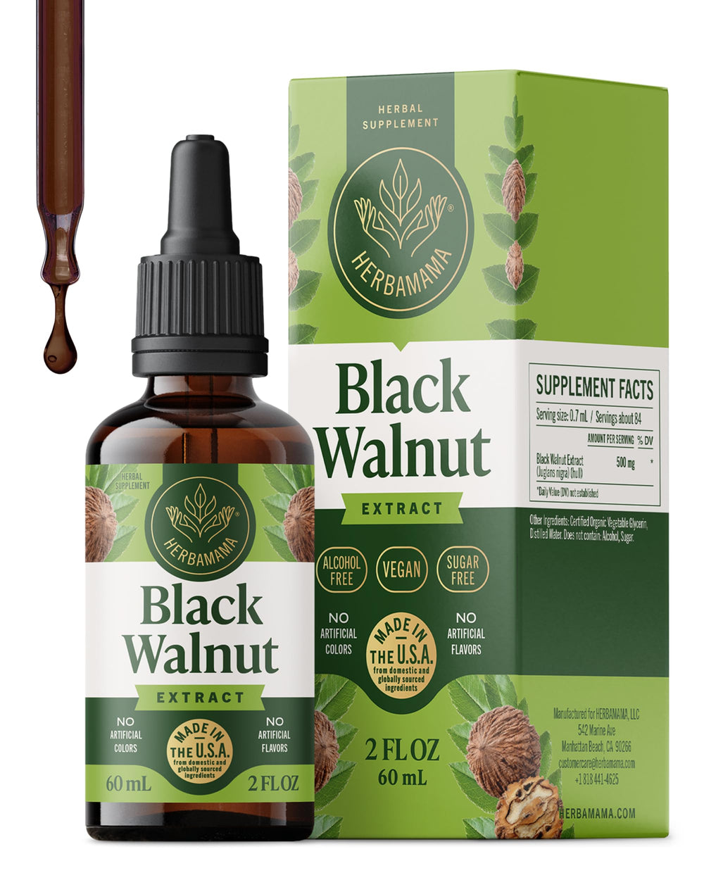 Herbamama Black Walnut tincture bottle with a vegan, alcohol-free formula