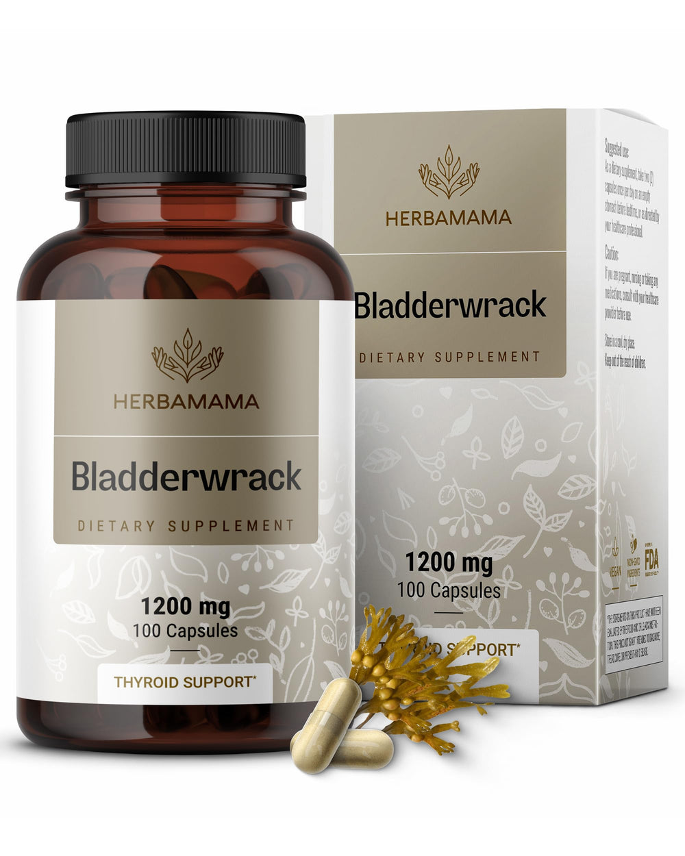 HERBAMAMA bladderwrack capsules close-up showing a simple two-ingredient formula for daily wellness