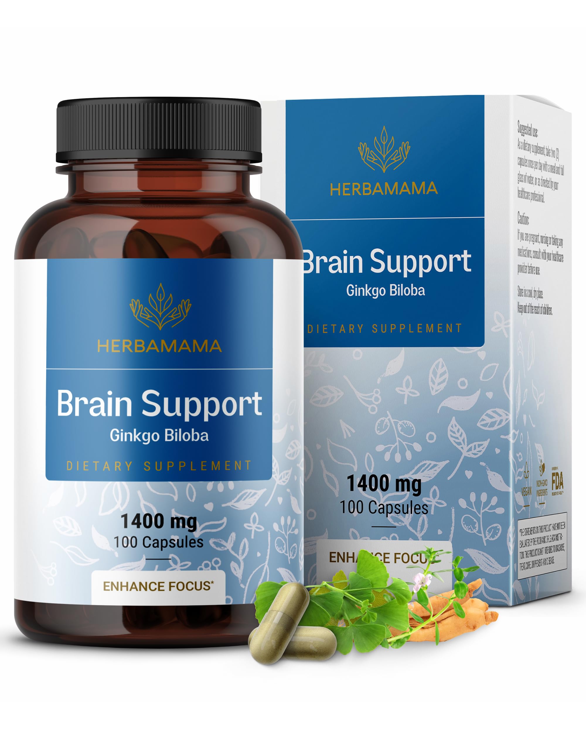 HERBAMAMA Brain Support bottle with capsules for daily focus.