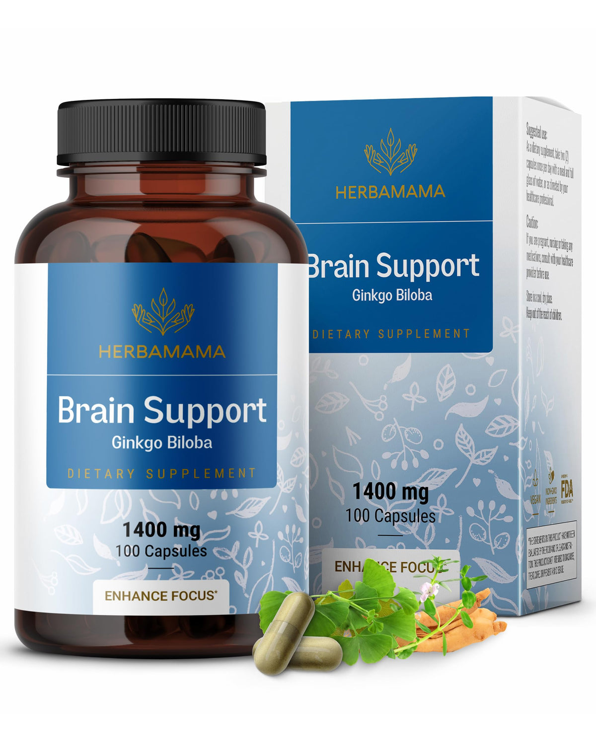 HERBAMAMA Brain Support bottle with capsules for daily focus.