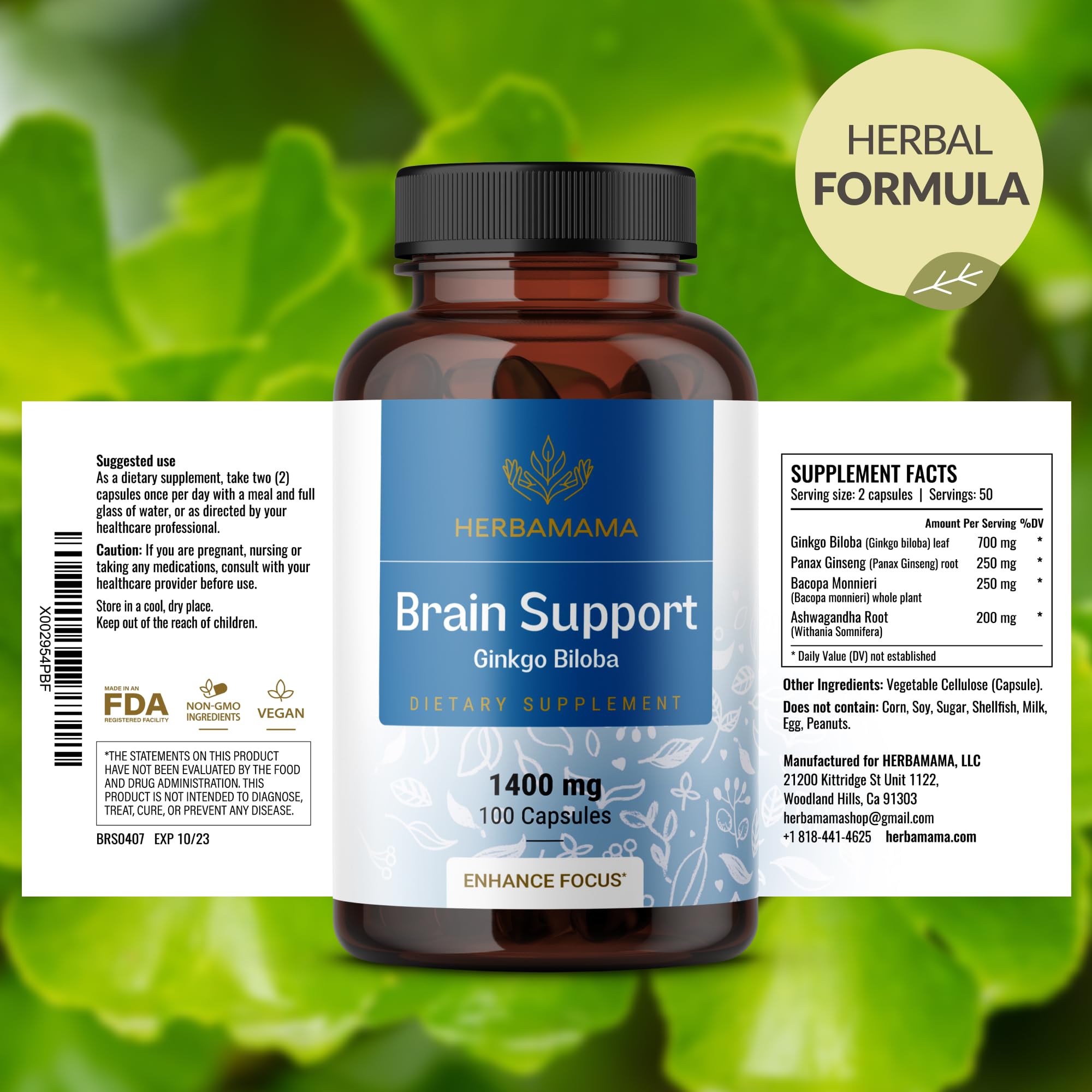 HERBAMAMA Brain Support capsules pouring into a hand.