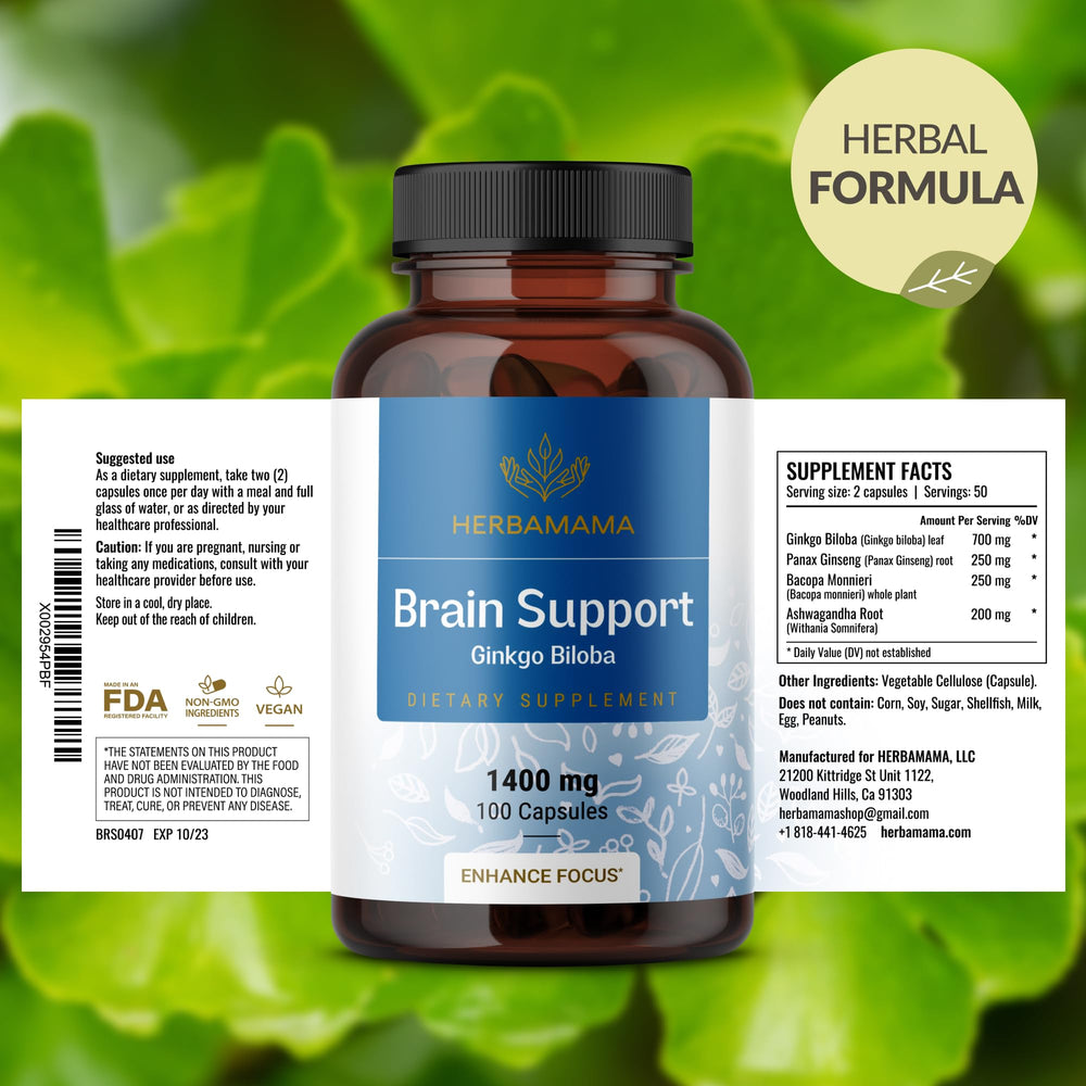 HERBAMAMA Brain Support capsules pouring into a hand.