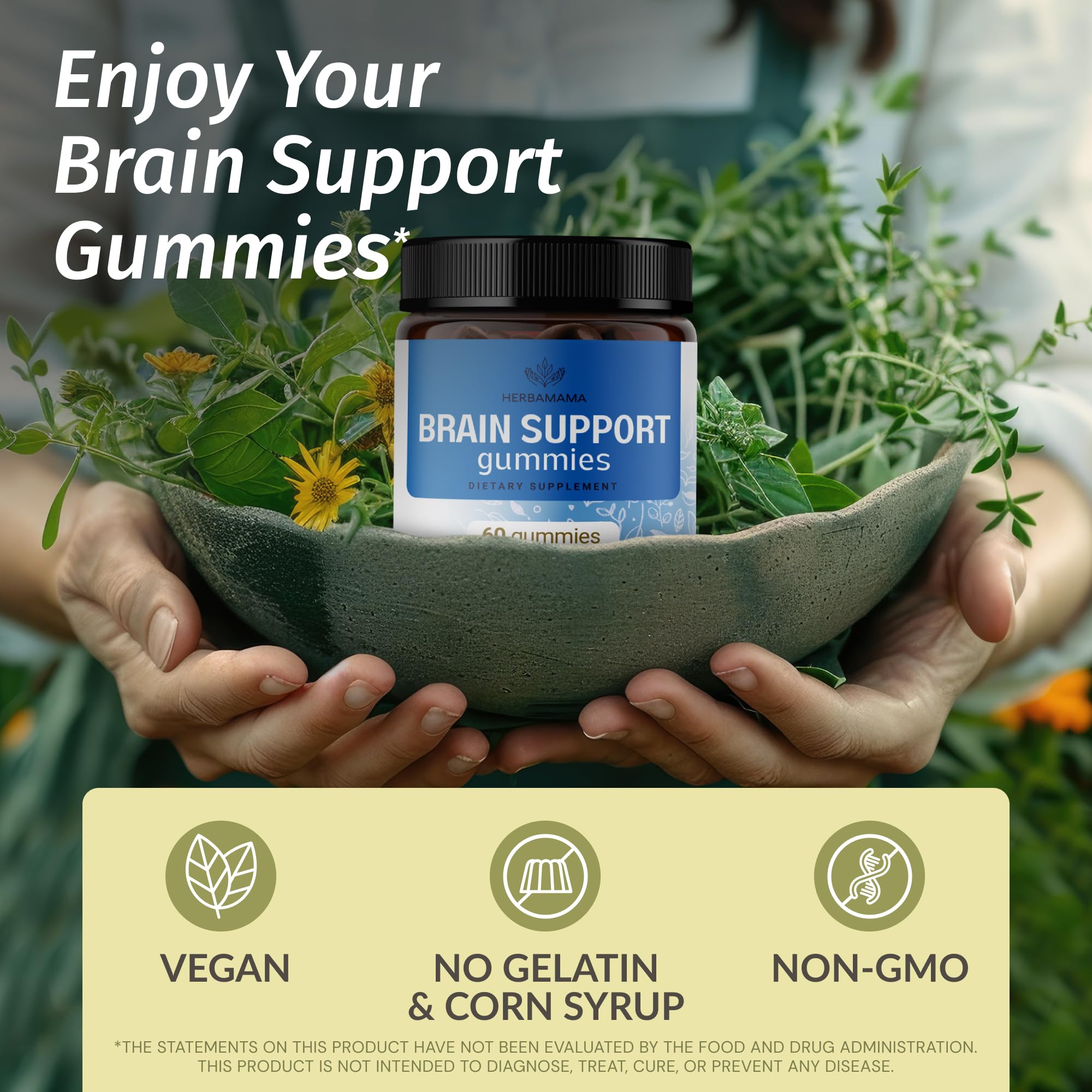 Herbamama Brain Support Gummies close-up showing soft, pectin-based texture.