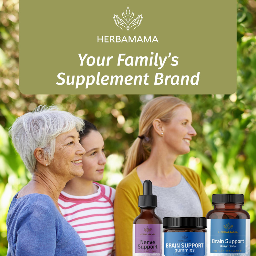 Herbamama Brain Support Gummies with blueberries signaling natural herbal blend.