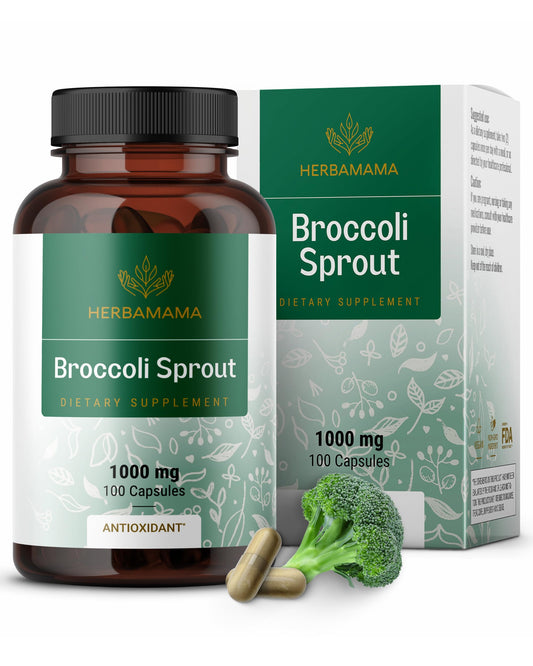 HERBAMAMA broccoli sprouts capsules bottle showing vegan antioxidant support
