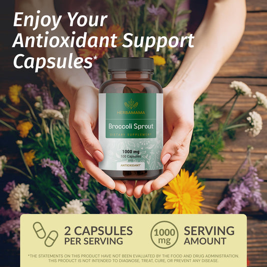 HERBAMAMA broccoli sprouts capsules closeup illustrating easy to swallow daily dose