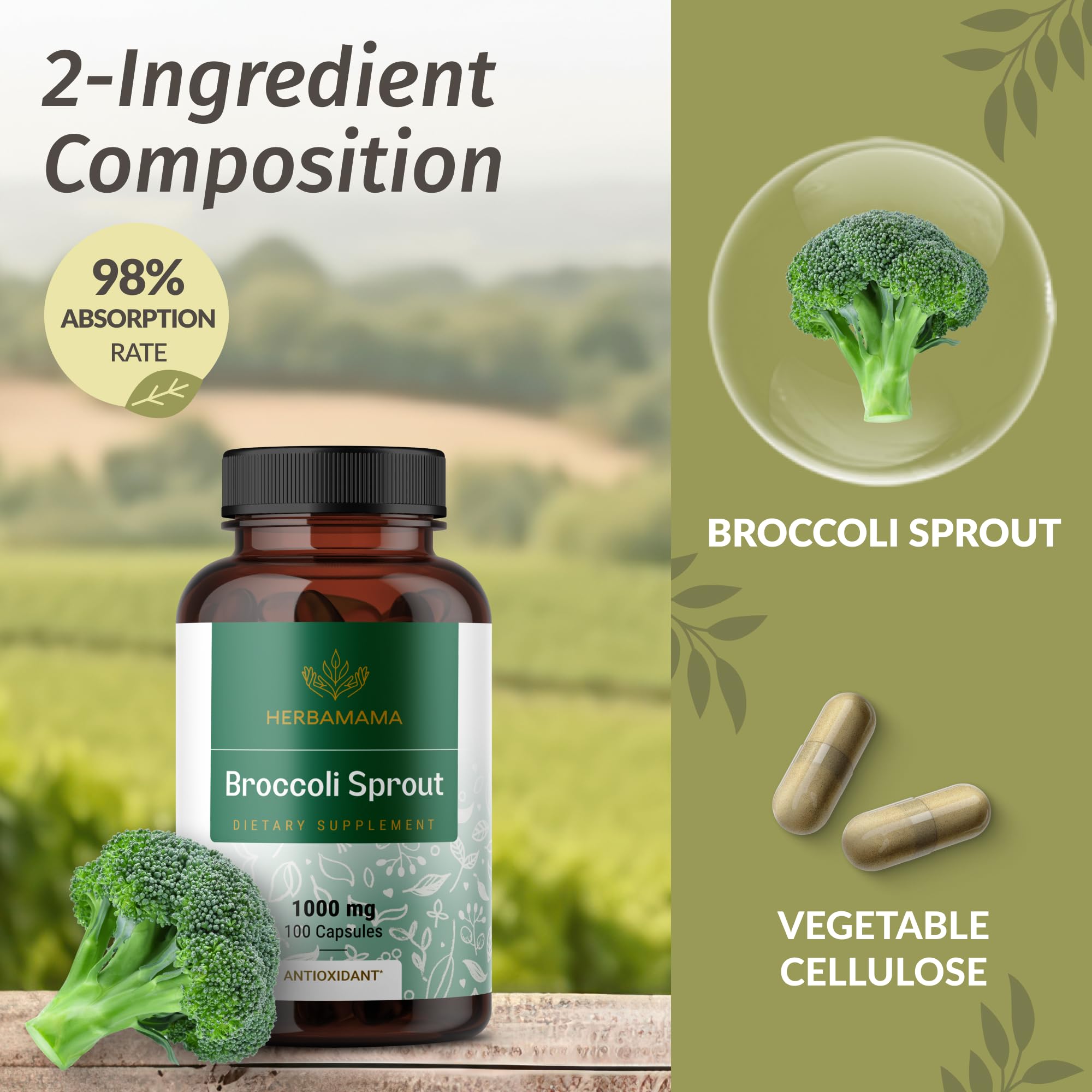 HERBAMAMA broccoli sprouts capsules pouring into a glass for daily routine
