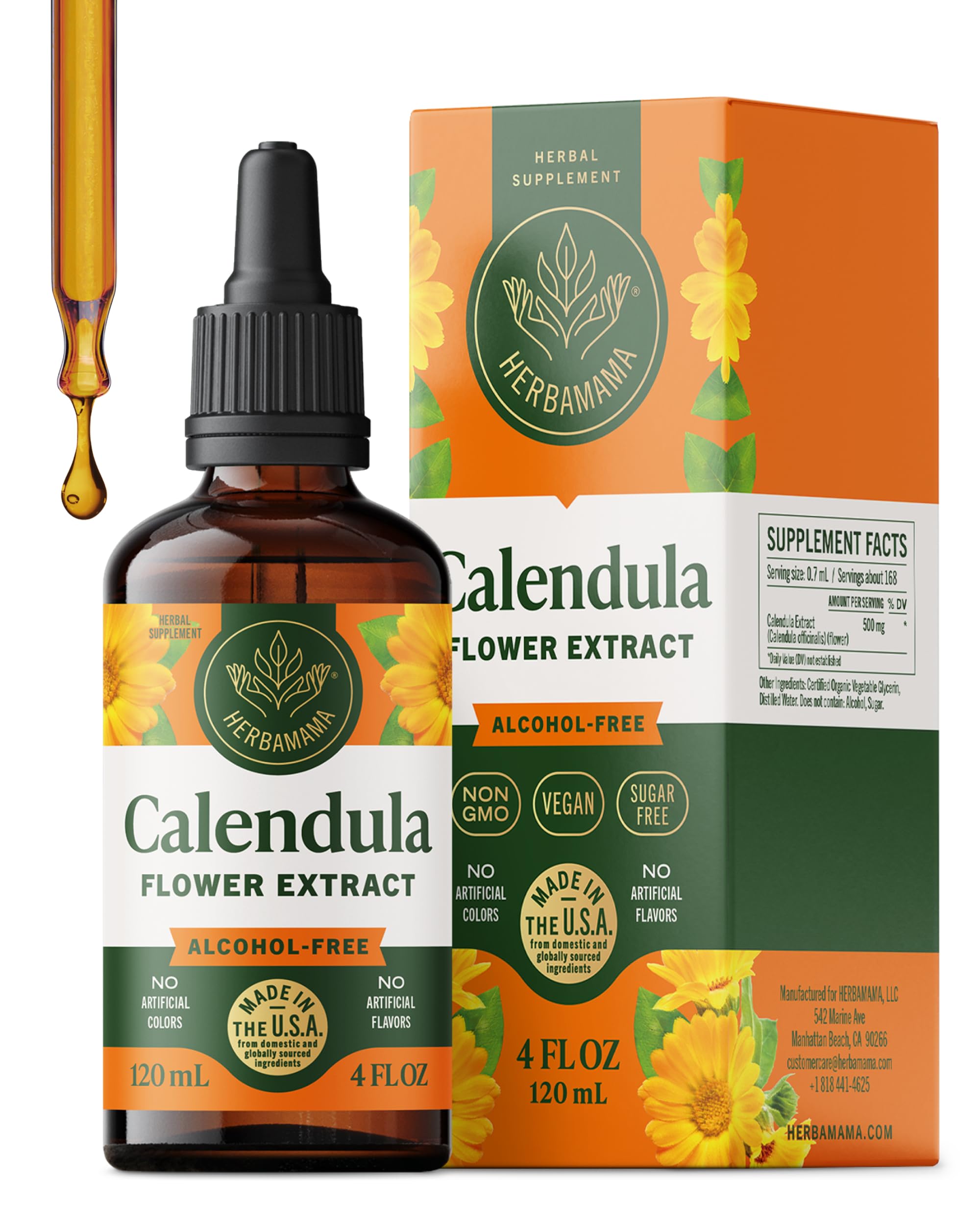 HERBAMAMA Calendula tincture bottle highlighting vegan antioxidant support.