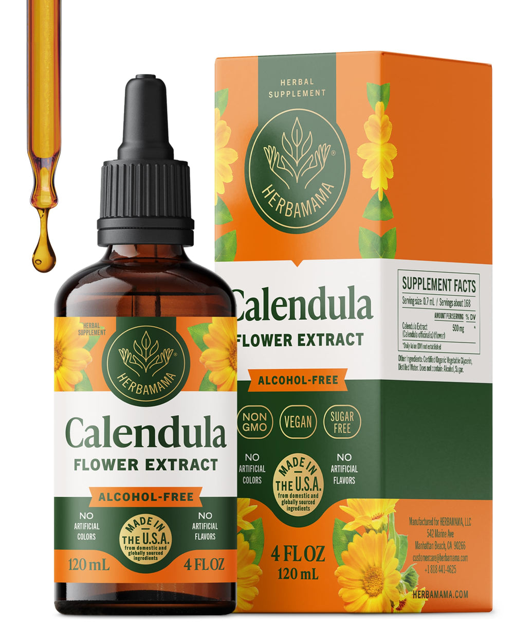 HERBAMAMA Calendula tincture bottle highlighting vegan antioxidant support.