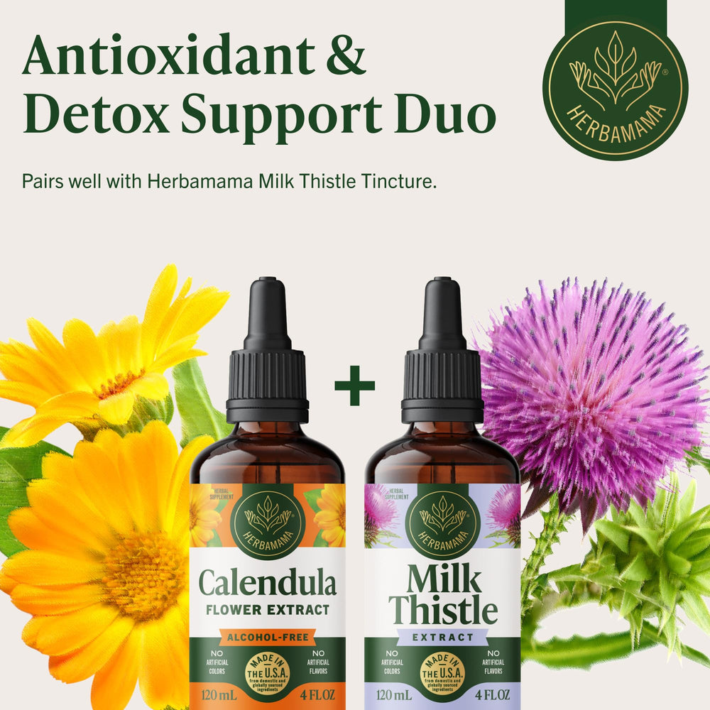 HERBAMAMA Calendula tincture added to a beverage for daily routine.