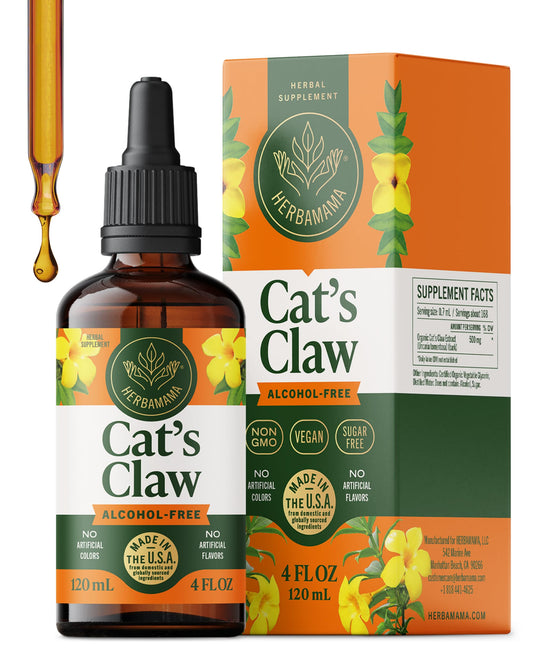 Herbamama Cats Claw tincture bottle on table supports easy daily use