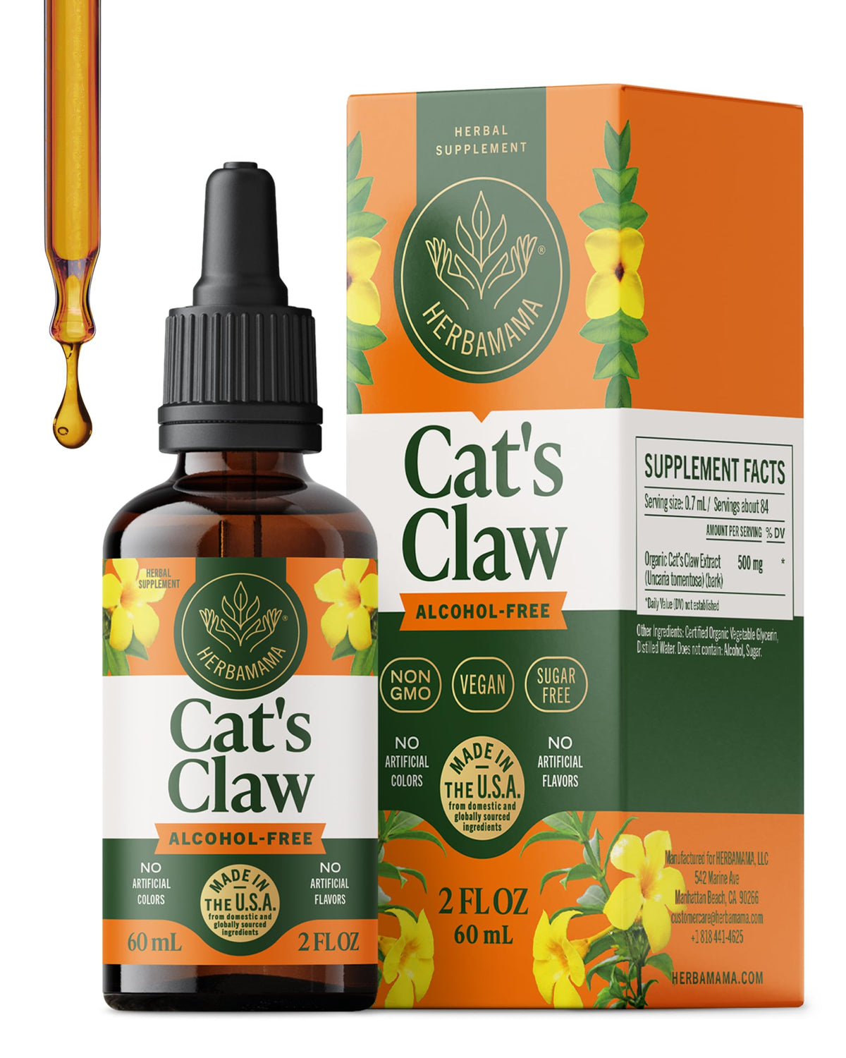 HERBAMAMA Cat's Claw tincture bottle showing vegan, alcohol-free immune support.