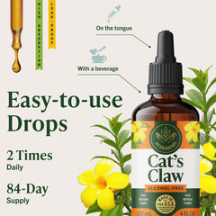 Herbamama Cats Claw tincture dispensing into water shows versatile mixing