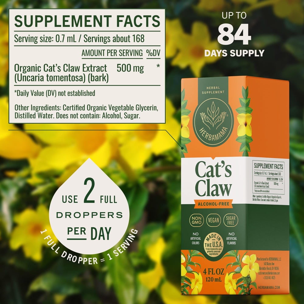 Herbamama Cats Claw tincture liquid closeup shows smooth glycerin-based taste