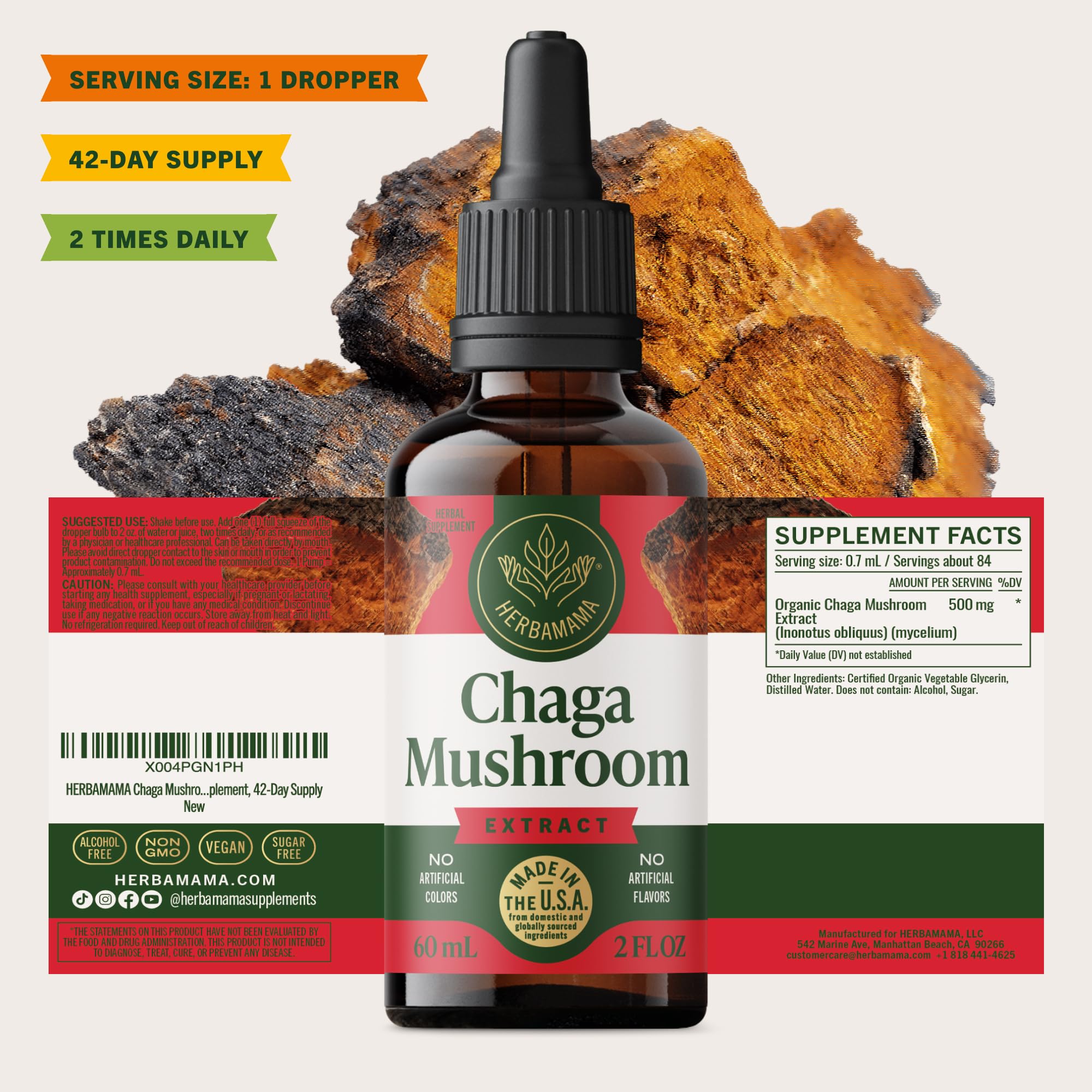 HERBAMAMA Chaga tincture bottle showcases alcohol-free, sugar-free formula.