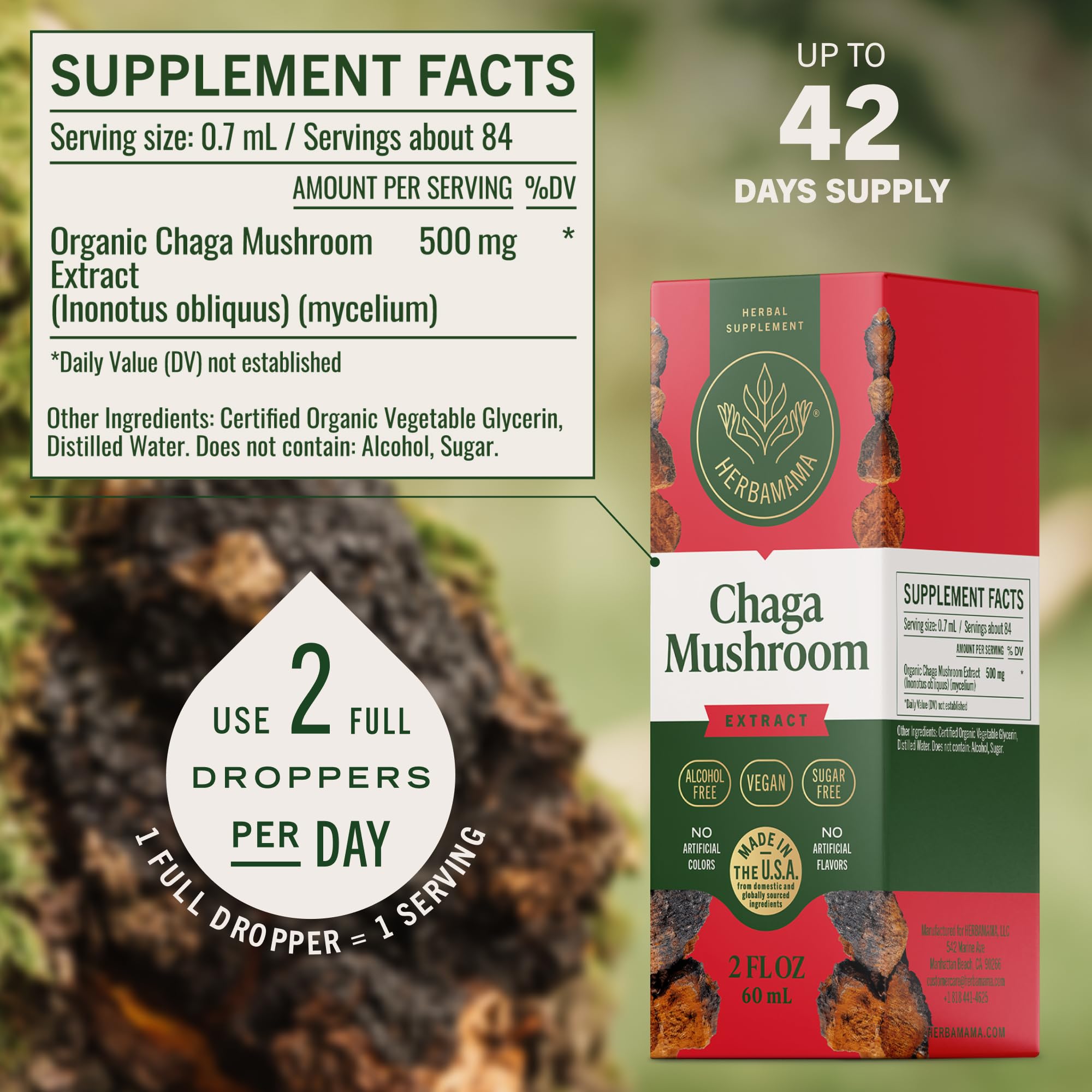 HERBAMAMA Chaga drops placed under the tongue for quick absorption.