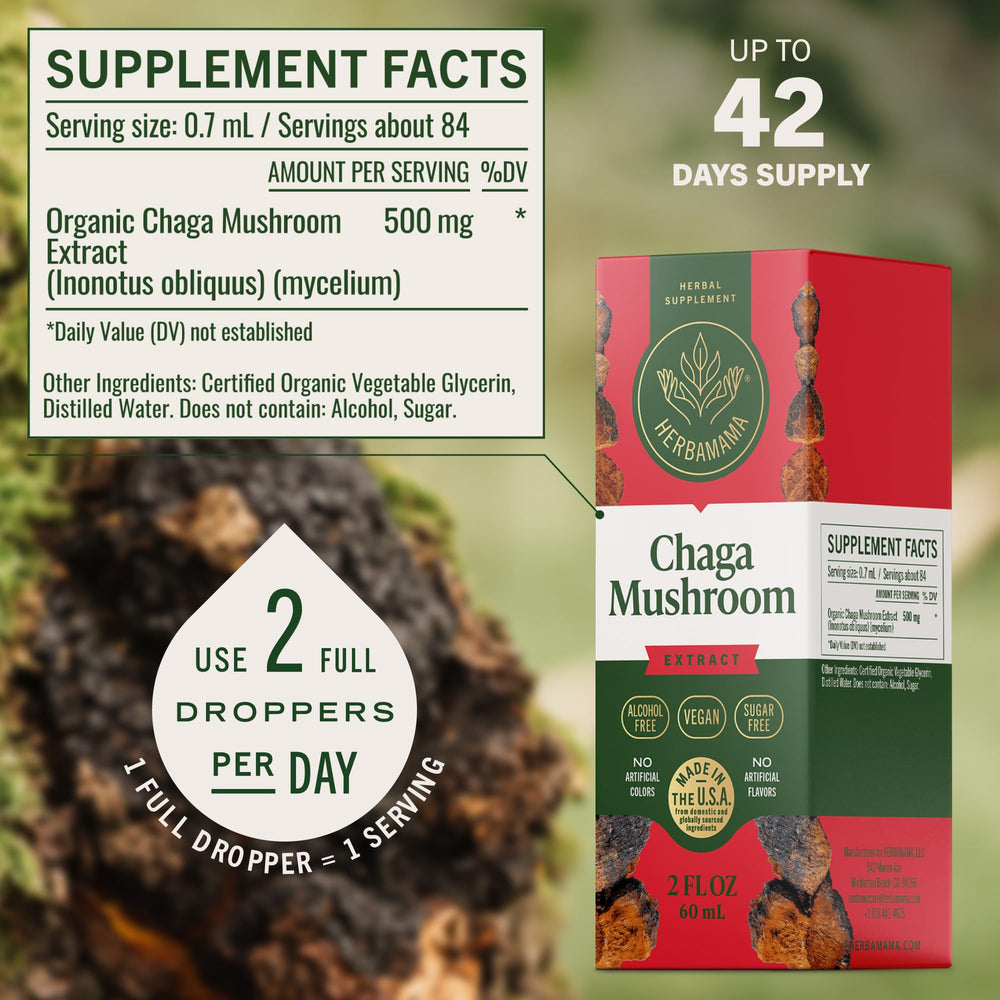 HERBAMAMA Chaga drops placed under the tongue for quick absorption.