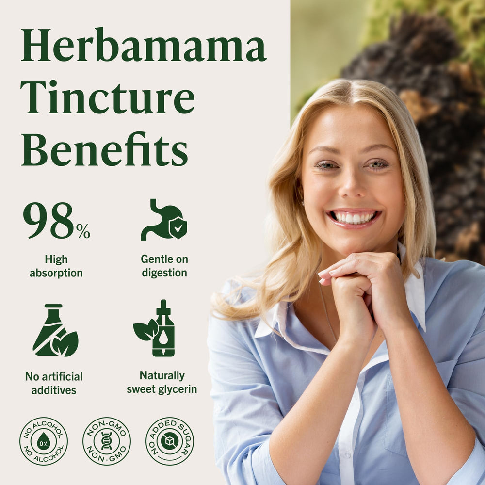 HERBAMAMA Chaga tincture bottle highlights three-ingredient formula.